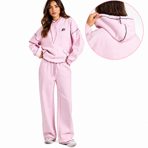 Ensemble sweat à capuche et pantalon large pour femme, avec passepoil contrastant, style décontracté streetwear, deux pièces, vente en gros - Product Image 2