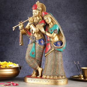 Statue artisanale en métal religieuse de Radha et Krishna - Décoration élégante pour la maison avec une posture divine - Product Image 3