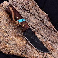 Couteau utilitaire à lame fixe en acier zingué MORTAL SAGA, qualité industrielle, manche en bois, étui horizontal en cuir, lame pleine longueur