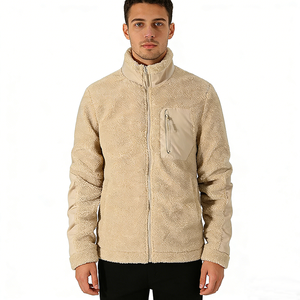 Unisex Beige Sherpa <b>Fleece</b> Windproof Bomber Jacket Stand Collar <b>Zipper</b> Closure Solid Casual Winter Warm Outerwear - Product Image 4