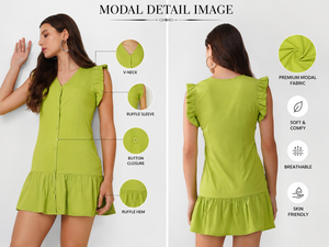 Sustainable Bohemian Mini Modal Cotton <b>Dress</b> Breathable Soft <b>Ruffle</b> Hem V-Neck Button-Up Summer <b>Dress</b> - Product Image 2