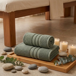 <b>Bath</b> <b>Towel</b> <b>Set</b> Soft Absorbent Zero Twist Cotton <b>Towels</b> Sage White Three Stripe Design for Home Hotel Spas Bathroom Gift Uses - Product Image 2