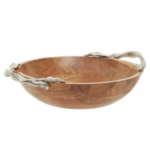 Bol de service en bois naturel avec accent métallique, forme ronde, vaisselle de table, bols de service pour aliments et salades - Product Image 3