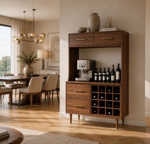 Modern Solid Teak <b>Bar</b> <b>Cabinet</b> with Wine Storage and Coffee Station with Drawers Freestanding Console - Product Image 2