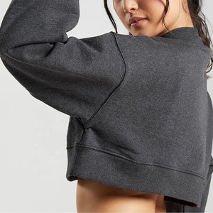 Women's Washed Black Cropped Hoodie Autumn Winter Eco-Friendly Casual Jersey Fabric V-neck Long Sleeve Drawstring Sweatshirt Top - Product Image 4