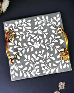 Bandejas de lujo hechas a mano con incrustaciones florales de hueso para servir y almacenar, ideales para bodas, fiestas y eventos. Platos de servicio de gran venta para mesa. - Product Image 2