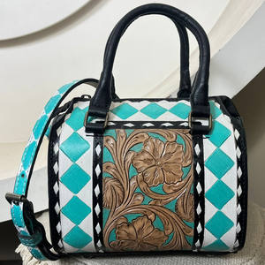 Bolso de Mano Pequeño de Cuero Genuino Hecho a Mano para Mujer, Estilo Occidental, con Cuadros Turquesa, Bolso Bandolera y Bolso de Viaje de Diseño - Product Image 4