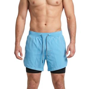 Light Blue Double <b>Layer</b> Gym Shorts Quick Dry Polyester Compression Liner Breathable Running Performance Men's Fitness Shorts - Product Image 1