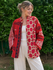 Chaqueta Kimono de Algodón Kantha Hecha a Mano |   Chaqueta Ligera para Mujer con Estampado de Bloques y Frente Abierto |   Ropa de Boutique Sostenible - Product Image 1