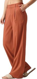 Pantalon large à taille haute pour femme, couleur unie, plissé, coupe ample, longueur complète, respirant, décontracté, pantalon d'été avec poches - Product Image 3