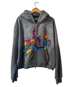 Sudadera con capucha de diamantes de imitación Sun Faded 100% algodón Full Zip up Acid Wash Sudadera con capucha Cremallera Serigrafía Sudadera con capucha 500gsm French Terry - Product Image 3