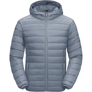 Men's Gray Hooded <b>Puffer</b> <b>Jacket</b> Windproof Zipper Closure Polyester Winter Coat Casual Style Regular Fit - Product Image 1
