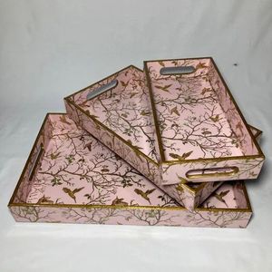 Ensemble de 3 plateaux de rangement en bois laqué, rectangulaires, motif oiseau rose, empilables, modernes, pour salle de bain, bijoux, compatibles lave-vaisselle, multifonctionnels - Product Image 2