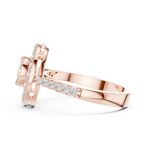 Bague de mariage pour femme en moissanite taille ronde avec double halo en grappe - Or rose sur argent, tige fendue pavée - Product Image 3