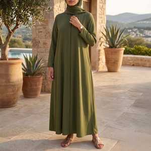 Abaya élégante vert olive pour femme, robe islamique modeste à manches longues et longueur ras du sol, couleur unie, coupe ample, pour toutes les saisons, usage quotidien - Product Image 1