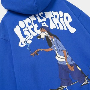 Sudadera con capucha de forro polar grueso azul real personalizada con estampado gráfico, estilo urbano oversize para adultos - Product Image 6