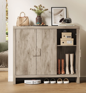 Meuble à chaussures moderne en bois avec plusieurs étagères uniques, portes et étagères latérales ouvertes, pour entrée et buanderie, vente en gros - Product Image 1