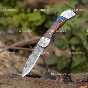 Pine Cone Handle OEM ODM Customizable Hand Engraved Damascus Steel Folding Knife with Leather Pouch Wholesale Factory Direct - Product Image 3