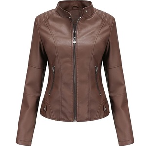 Chaqueta de Motociclista de Cuero PU Marrón para Mujer, Manga Larga, Cuello Alto, Cierre de Cremallera, Estilo Otoñal, Resistente al Viento - Product Image 1
