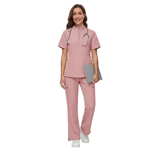 Conjunto de Uniforme Médico de Punto Rosa Unisex, Ropa de Trabajo para Hospital, Ropa de Enfermería, Pantalones de Manga Corta con Bolsillos - Product Image 1