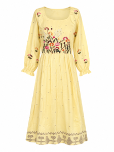 Women's Yellow Floral Embroidered Organza Henley Neck Puff Sleeve <b>Loose</b> Fit Knee-Length Casual Leisure <b>Dress</b> - Product Image 1