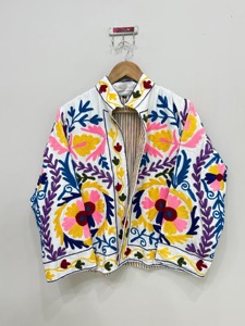 Veste en coton brodée de fleurs bohèmes, col mandarin, manches longues, vêtements d'extérieur décontractés pour adultes, vêtements de printemps - Product Image 1