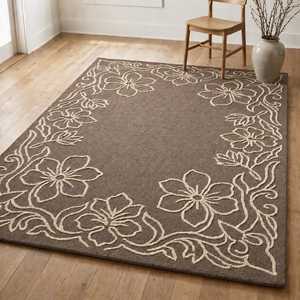 Tapis rectangulaire floral beige crème à poils moyens, antidérapant, pour salon - Product Image 6