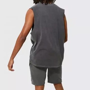 Men's Solid Color 100% Cotton Sleeveless Tank Top Acid Wash Board <b>Shorts</b> Set Casual Breathable Woven Vintage Streetwear Outfit - Product Image 5