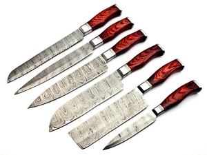 Ensemble de couteaux de chef en acier Damas forgé à la main, 6 pièces, manche en bois, style japonais, couteaux de cuisine à lame pleine, manche en bois rouge et sac - Product Image 2