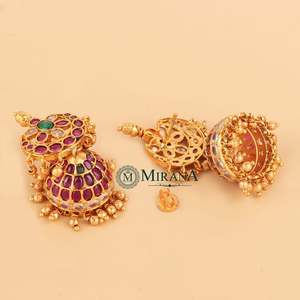 Saadhika Antique Gold Plated Pearl Drop Jhumka Earrings-Religious Geometric Flower Design - Product Image 3