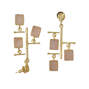 Pendientes Colgantes de Cuarzo Rosa en Bruto, Hechos a Mano, Chapados en Oro de 18K, Estilo Bohemio - Product Image 2