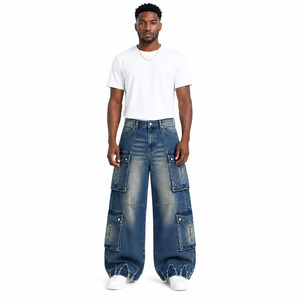 Pantalon cargo en jean ample pour homme avec logo personnalisé, style vintage délavé bleu, multi-poches, vêtements de travail, usine OEM ODM - Product Image 3