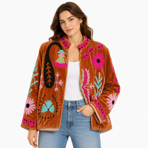 Women Velvet Embroidered <b>Jacket</b> Mandarin Collar Lantern Sleeve Floral Boho Style Autumn Coat Handmade Suzani <b>Pattern</b> - Product Image 1