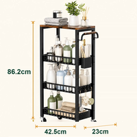 Chariot de rangement à roulettes fin à 4 niveaux, chariot utilitaire en métal et bois pour cuisine, salle de bain, buanderie et espaces étroits