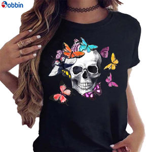 T-shirt d'été noir pour fille, T-shirt graphique, vêtement décontracté, haut respirant, imprimé rose, imprimé papillon, modèle basique - Product Image 3