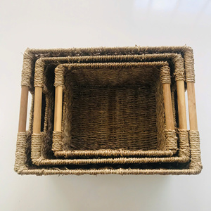 The Set of 3 Seagrass Rectangle <b>Basket</b> with Wooden Handle Multifunction Organizer <b>Basket</b> Handmade - Product Image 5