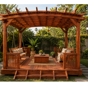 Pérgola Moderna de Madera Sólida para Exteriores con Bancos Dobles para Jardín, Patio, Terraza, Villa, Resort, Hotel - Product Image 3
