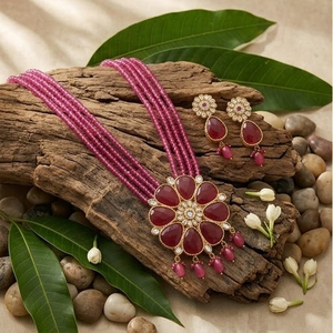 DIVYORO BOLD <b>RUBY</b> FLORAL STATEMENT <b>NECKLACE</b> WITH MULTI-STRAND BEADS - Product Image 2