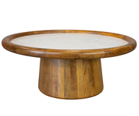 Table basse artisanale en bois de manguier massif, forme ronde avec plateau en marbre, base robuste, blanc et naturel