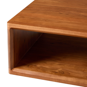 Table basse en teck massif de qualité supérieure, table centrale rectangulaire moderne, profil bas avec rangement ouvert et bords lisses - Product Image 5