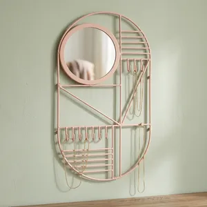 Artisan Design Oval Metal Wall <b>Mirror</b> Jewelry <b>Hooks</b> Modern Minimalist Design Decorative <b>Hanging</b> Pink Color Easy Installation - Product Image 1