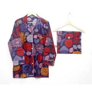 Conjunto de Pijama para Mujer, Estampado a Mano, 100% Algodón, Secado Rápido, Cuello en V, Manga Larga, Diseño Tradicional, Verano - Product Image 4