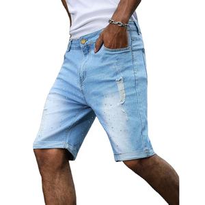 Short en jean déchiré personnalisé léger pour hommes Streetwear Rhinestone Hip Hop Jorts à ourlet plié au genou Fournisseur de mode - Product Image 1