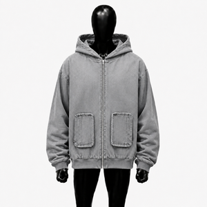 Washed <b>Grey</b> Oversized Zip Up Hoodie Vintage Streetwear Loose Fit Full Zipper Hooded <b>Sweatshirt</b> With Double Front Patch Pockets - Product Image 1