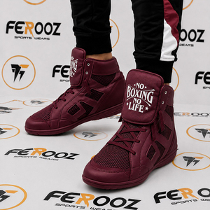 No Boxing No Life Zapatos de boxeo para hombre, zapatillas de entrenamiento de piel sintética transpirable con cordones y caña alta, color granate, equipos de Kickboxing MMA - Product Image 1