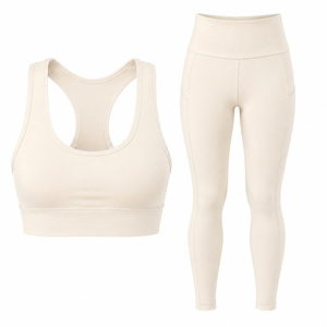 Women's Cream <b>Racerback</b> Sports <b>Bra</b> & High Waist Leggings Set Yoga Fitness Activewear Seamless Breathable Quick Dry - Product Image 2