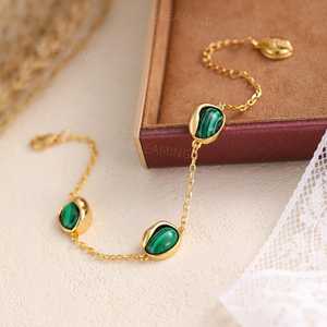 Malachite Chain <b>Stacking</b> Bracelet 925 Sterling Silver 14K Gold Plated Green Gemstone Dainty Women Jewelry Gift - Product Image 1