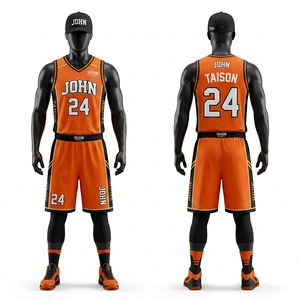 Ensemble d'uniformes de basketball pour hommes en maille polyester premium 160 GSM, bleu marine, orange, bordure blanche, panneaux latéraux bleu clair, logo personnalisé - Product Image 2