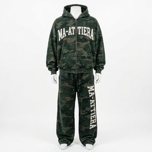Ensemble survêtement homme vert camouflage à capuche zippé coupe ample streetwear personnalisé OEM ODM vente en gros - Product Image 3