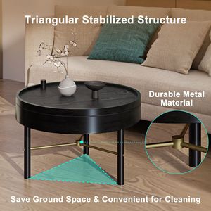 Modern Round Wood Coffee <b>Table</b> with Metal Legs Rotating <b>Tray</b> Storage - Product Image 6